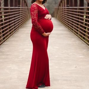 Long Maternity Dress with Lace Top for Photoshoot or Baby Shower